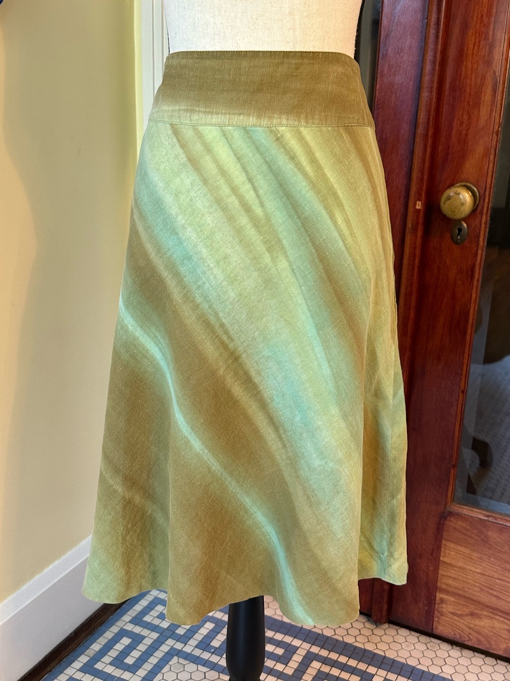 Merona | VTG Ombré Tie-Dye Linen A-Line Midi Skirt - Green & Olive, Size 18